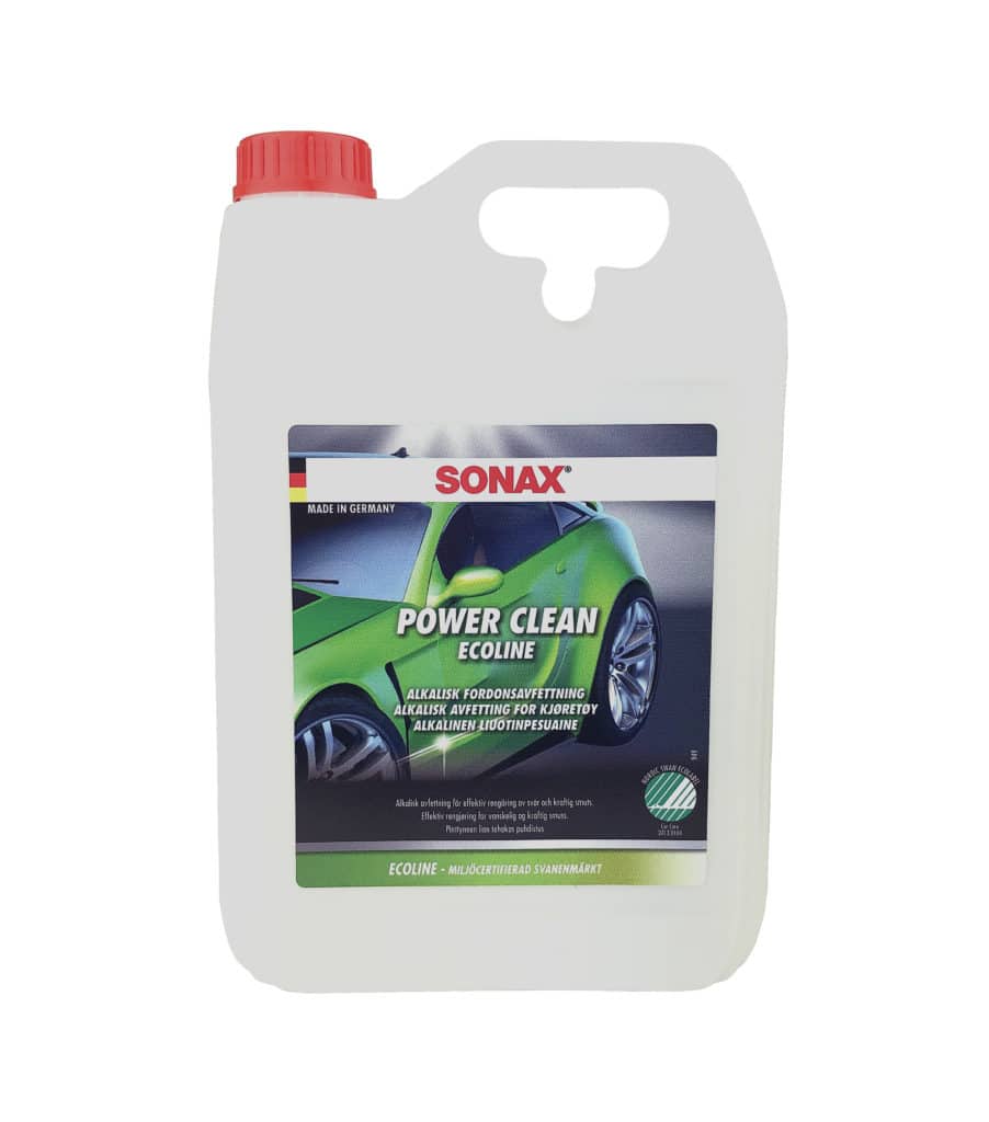 Bilvårdsprodukt från SONAX nya serie Ecoline. Produkten Power Clean här i 5 liters semi-genomskinlig dunk med röd skruvkork.