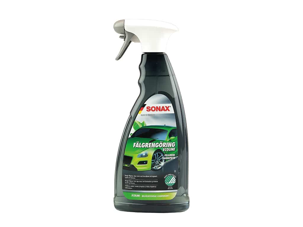 Bilvårdsprodukt från SONAX nya serie Ecoline. Produkten Fälgrengöring finns i 1 liters grå flaska med vit och grå trigger. 