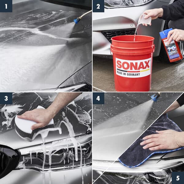 SONAX Ceramic Boosted Shampoo med förseglande effekt. 4 bilder i bilden på steg för steg beskrivning av produkten.