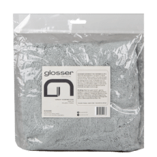 Supersoft microfiber cloth från Glosser. Grå duk i genomskinlig plastförpackning